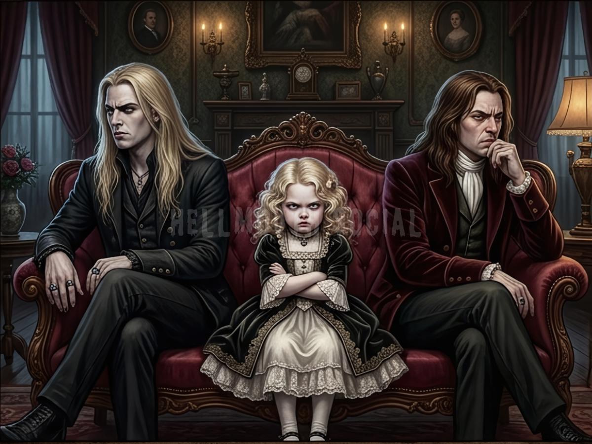 two vampire "dads" (one with long blonde hair and the other with long brown hair) and a tiny vampire child (curly blonde hair) wearing a pretty 18th century-style dress, sitting on a Victorian sofa, all looking in different directions with extreme passive-aggressiveness.