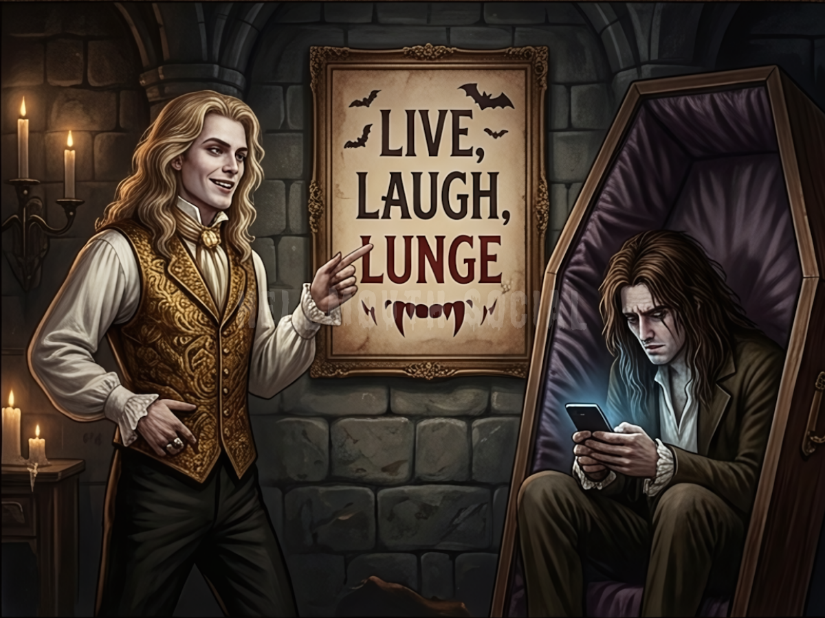 a flashy vampire (with long blonde hair) in a gold vest pointing at a "Live, Laugh, Lunge" motivational poster while a depressed vampire (with long brown) scrolls through his phone while sitting in his coffin.