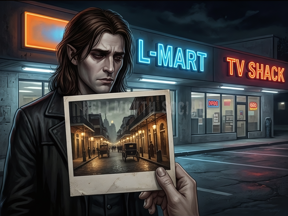 a vampire (with long brown hair) looking at a grainy Polaroid of 18th-century Bourbon Street in New Orleans while standing in front of a modern-day strip mall with a “L-Mart” and “TV Shack”