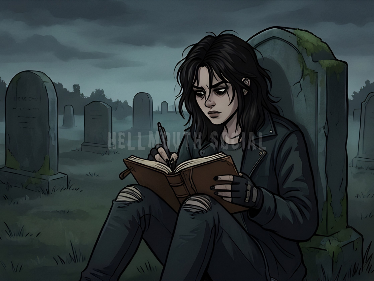 a moody, female teenager sitting on a damp cemetery stone, frantically writing in a leather book while wearing fingerless gloves.