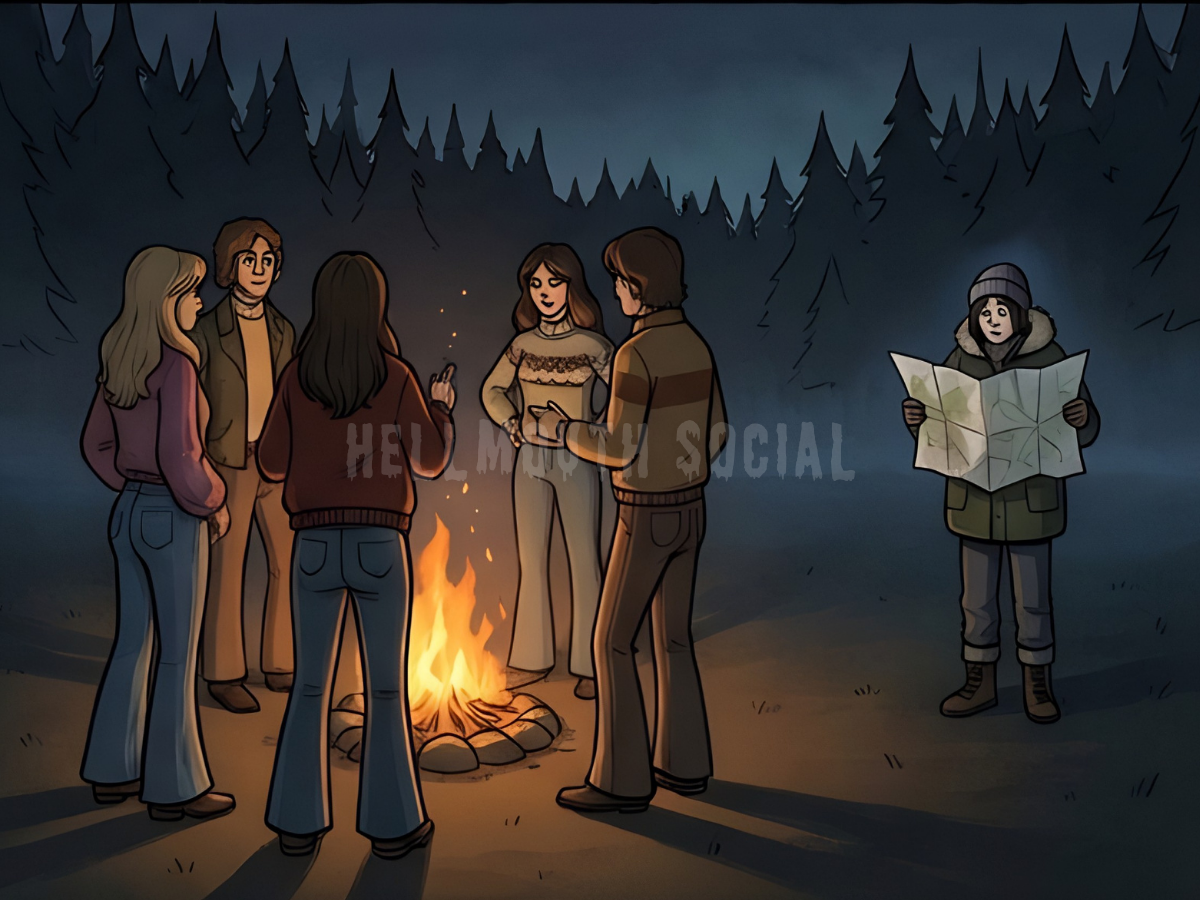 a massive bonfire surrounded by teenagers in flared jeans, with one lone teenager in the background looking confusedly at a paper map.