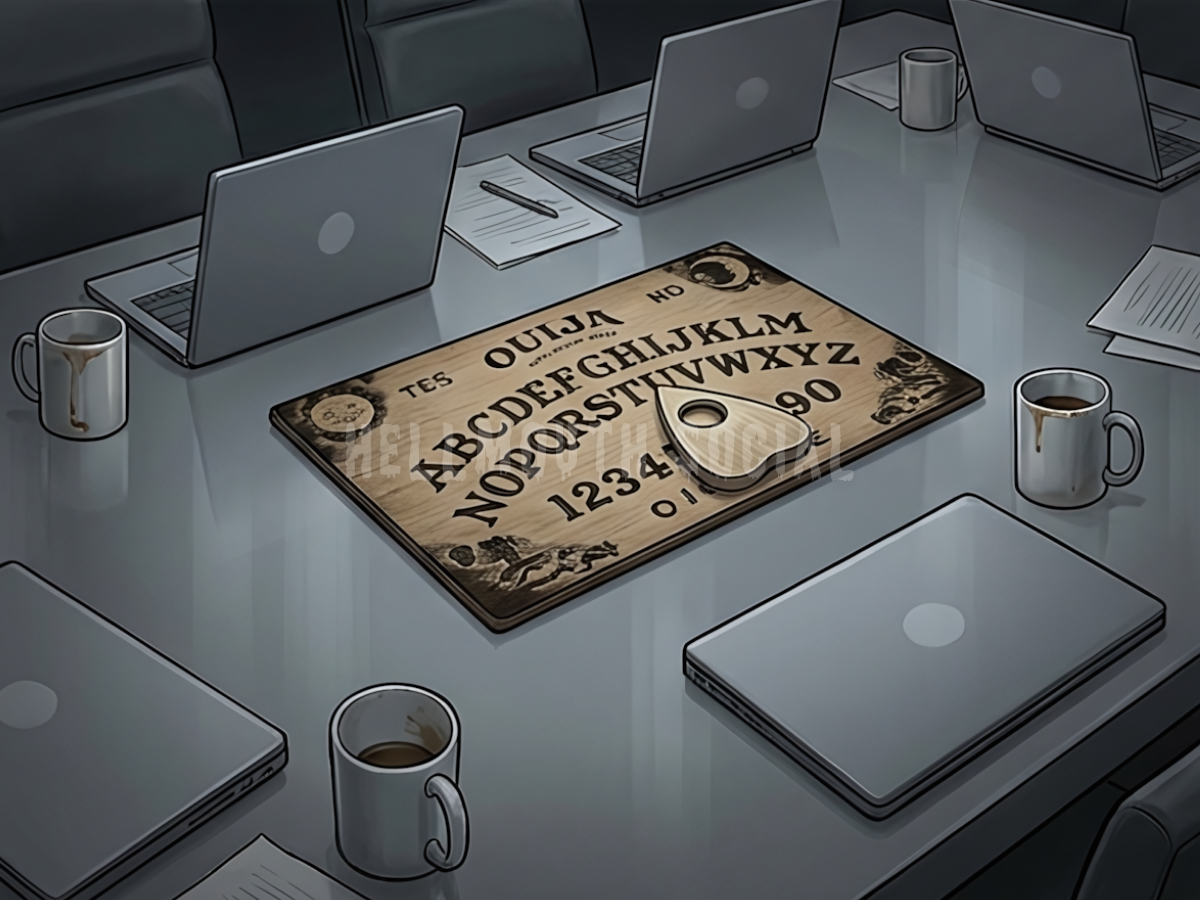 an antique, wooden ouija board sitting on a corporate boardroom table, surrounded by boring grey laptops and half-empty coffee cups.