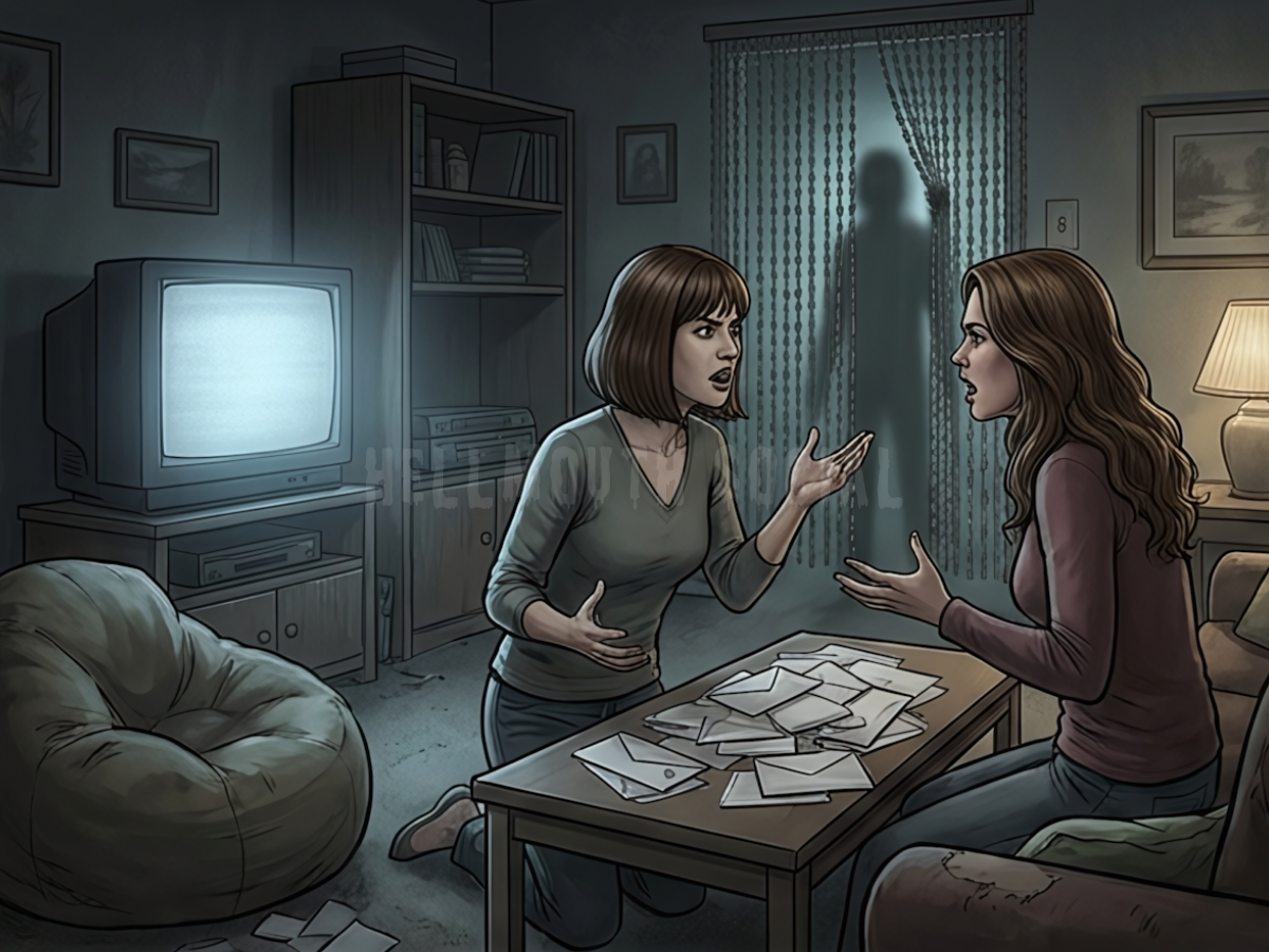 a cluttered 90s living room with a chunky CRT television and a bean bag chair. In the center, two brunette 30-year-old women (with diverse hairstyles: bob cut and long waves) are arguing over a pile of mail while a shadowy, indistinct figure lurks by a beaded curtain.