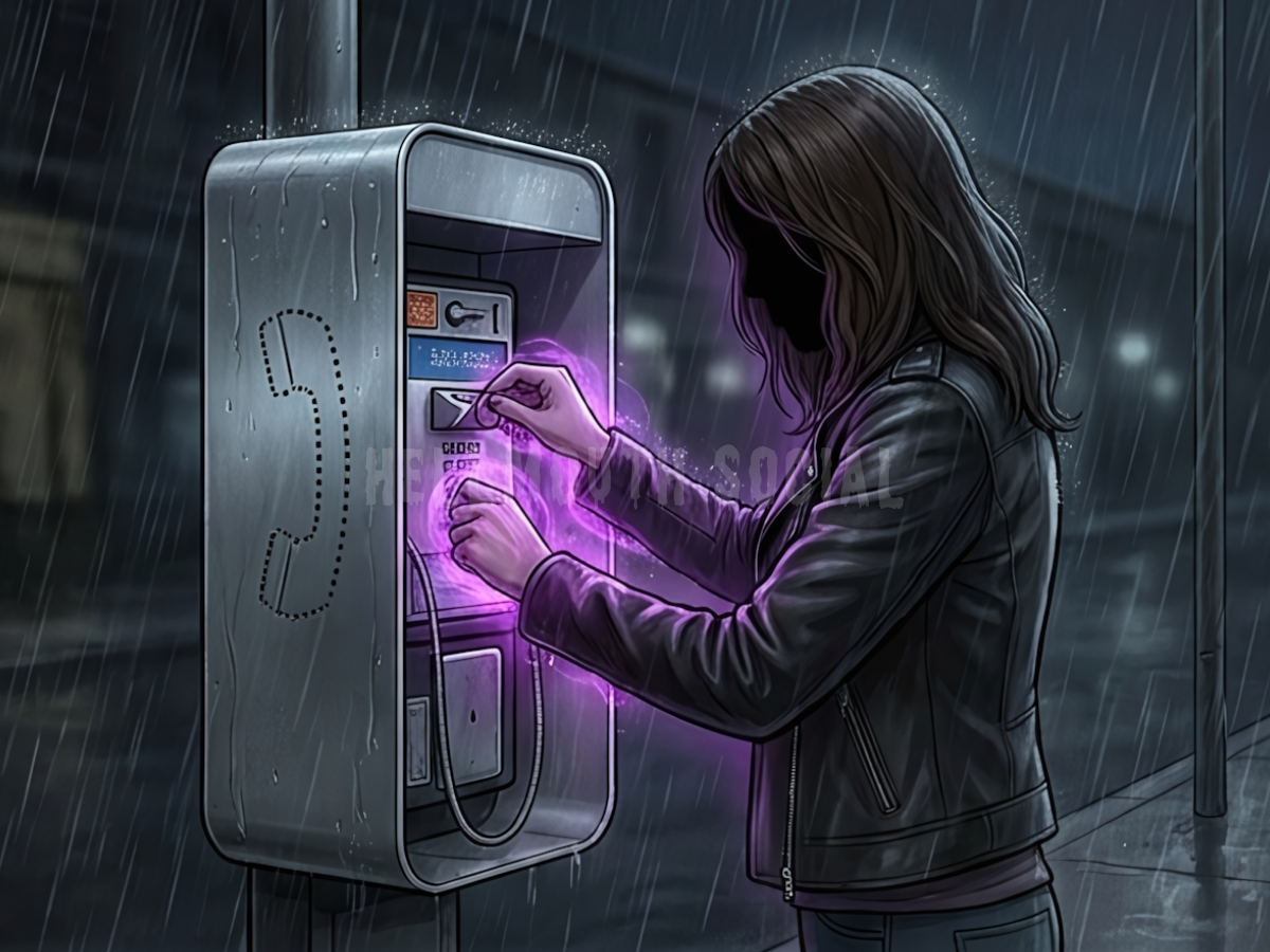 a brunette 30-year-old woman in a leather jacket frantically shoving a quarter into a silver payphone on a rainy street corner, while a glowing purple aura surrounds her.