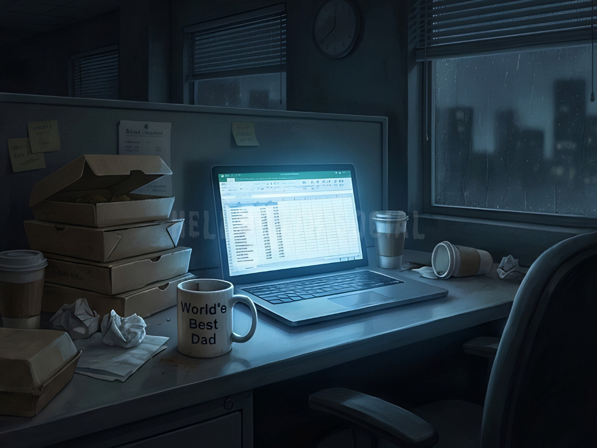 a 2014-era office cubicle overflowing with takeout containers and a "World's Best Dad" mug that is clearly being ignored by a glowing laptop screen at midnight.