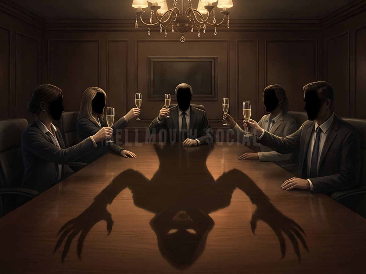a giant, terrifying vampire shadow being cast onto a boardroom table where a group of wealthy executives are clinking champagne glasses.