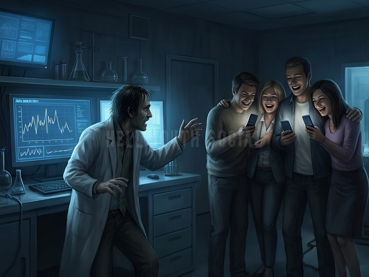 a stressed-out scientist in a lab coat trying to explain a complex graph to a group of people who are all looking at their flip-phones and laughing.