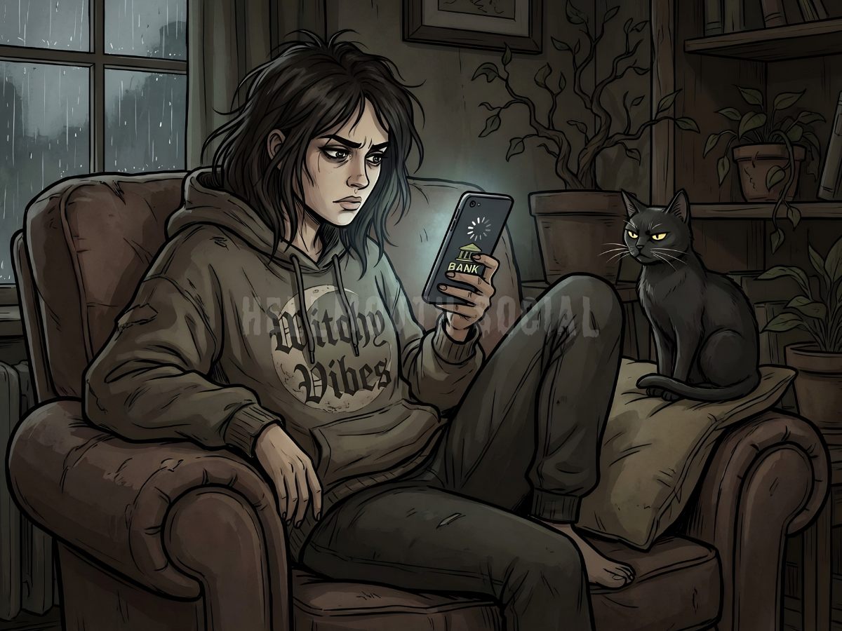 a woman in her 40s wearing an oversized "Witchy Vibes" sweatshirt, staring intensely at a slow-loading banking app on her phone while a black cat judges her from the sofa.