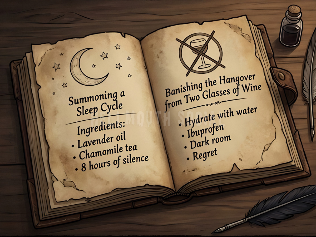 a hand-drawn spell book where the "Spells" include "Summoning a Sleep Cycle" and "Banishing the Hangover from Two Glasses of Wine".