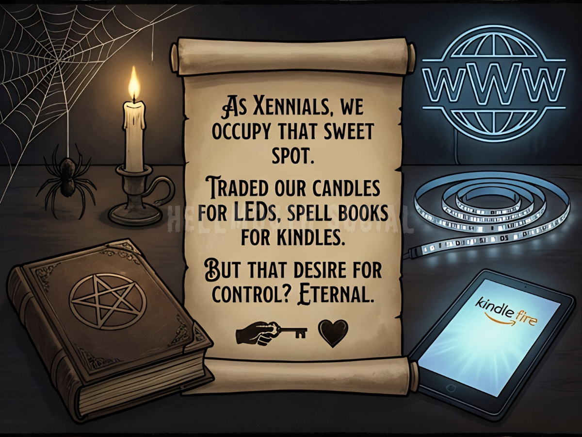 As Xennials, we occupy that sweet spot of remembering when a "web" was something a spider made, not something we were trapped in for 10 hours a day. We’ve traded our candles for LED strips and our spell books for Kindle Fires, but that core desire to feel like we have a shred of control in a chaotic world? That’s eternal.