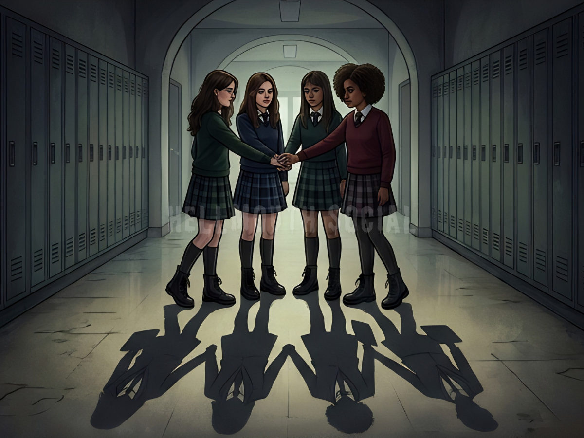 four female teenagers (three dark-haired White-Americans and one Black-American) in plaid skirt uniforms and combat boots. They are standing in a school hallway with their four shadows wearing modern corporate blazer suits.