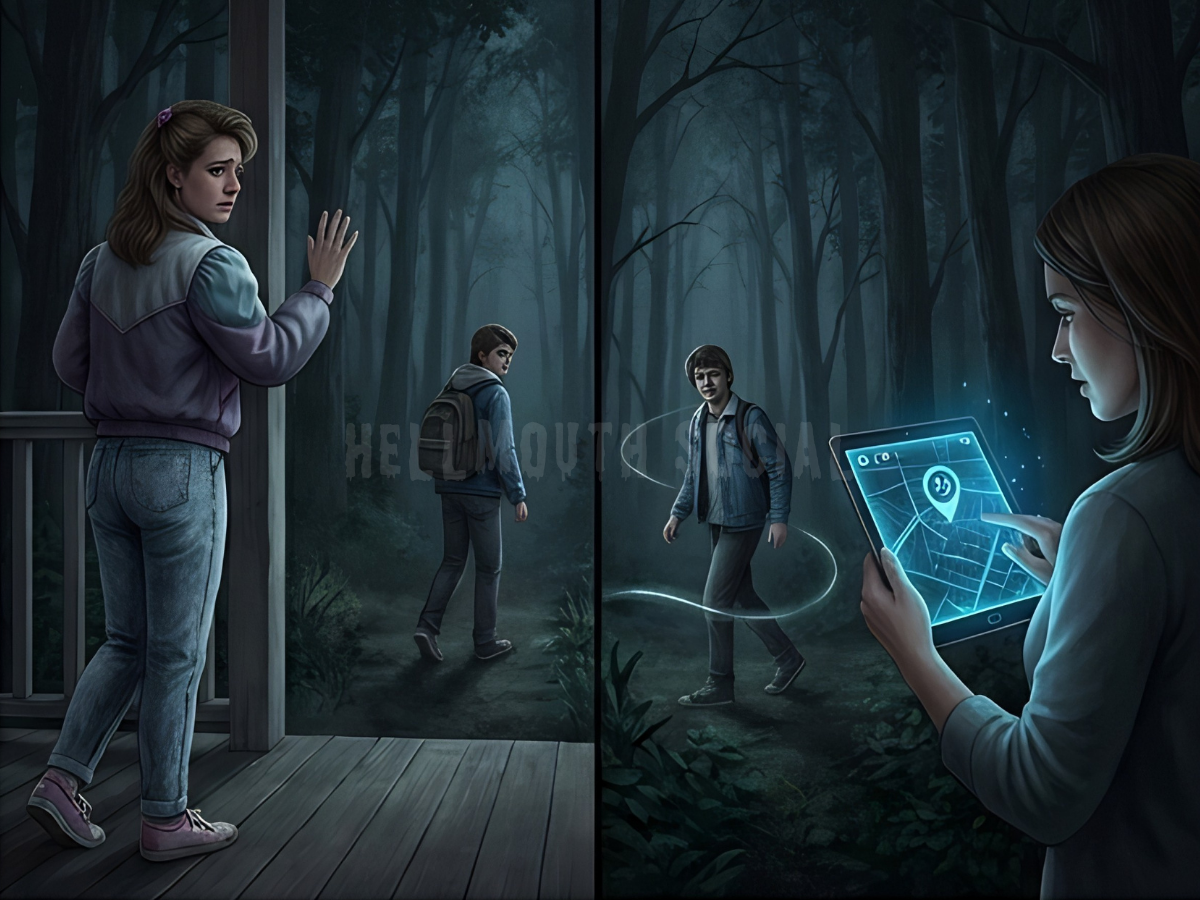 a mother from the 1980s waving goodbye to a male teen walking into a dark forest, contrasted with a modern mom tracking a male teenager via a giant holographic GPS map.
