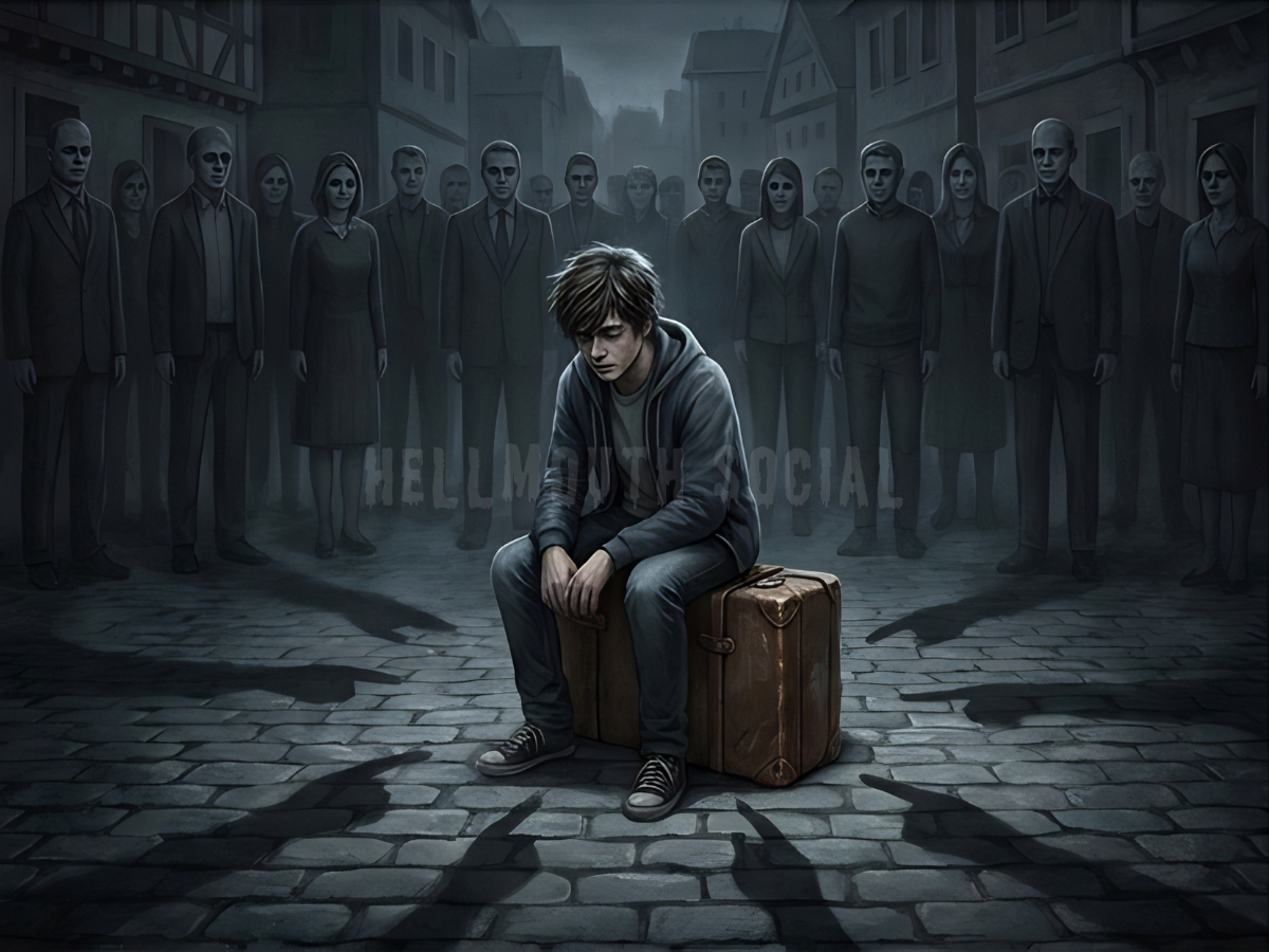 a male teenager with messy hair sitting on a suitcase, surrounded by shadows that look like pointed fingers, contrasting a crowd of identical townspeople staring at him blankly.