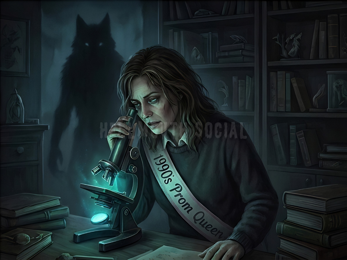 a woman in her 40s wearing a "1990s Prom Queen" sash while staring into a glowing microscope, with a shadow of a wolf lurking in the background.