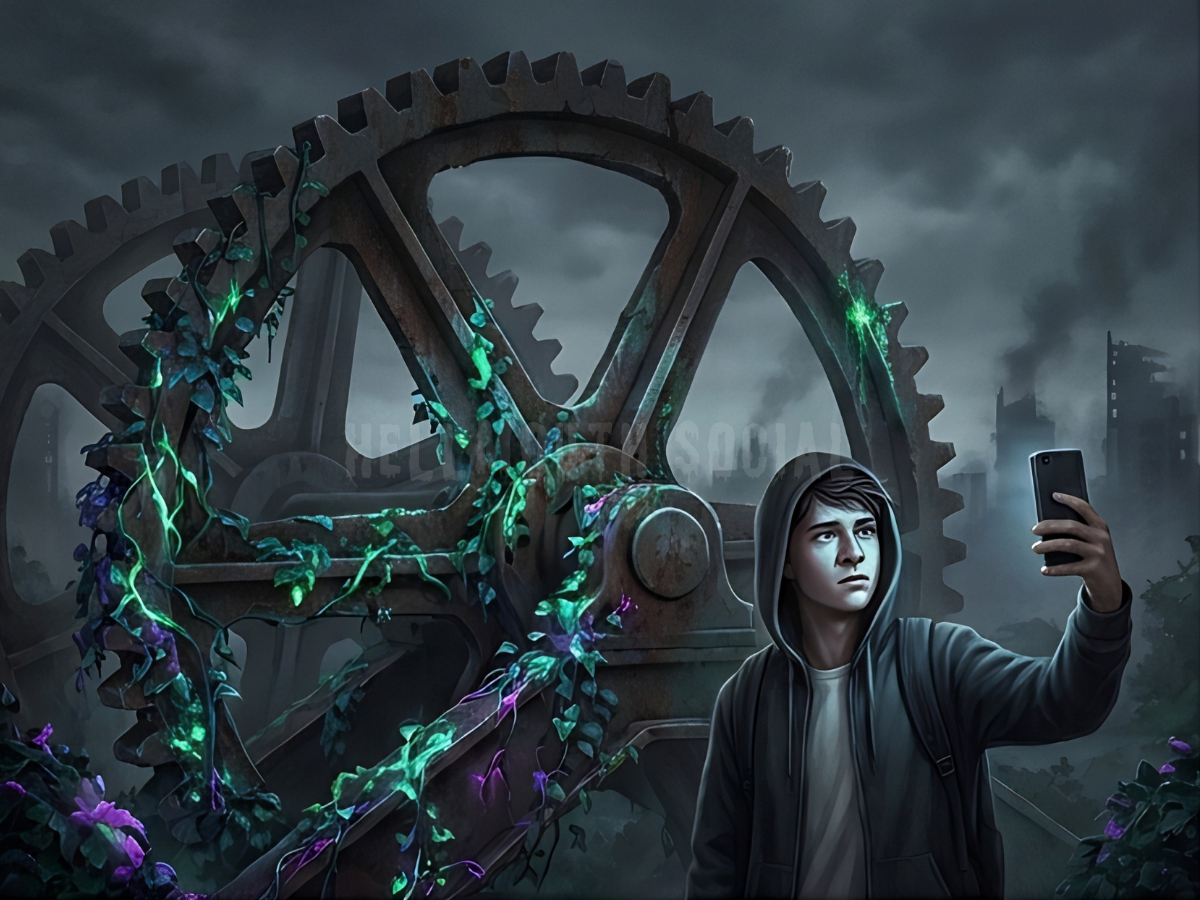 a giant, rusting factory gears being overgrown by neon-colored ivy, while a male teenager tries to take a selfie in the foreground.