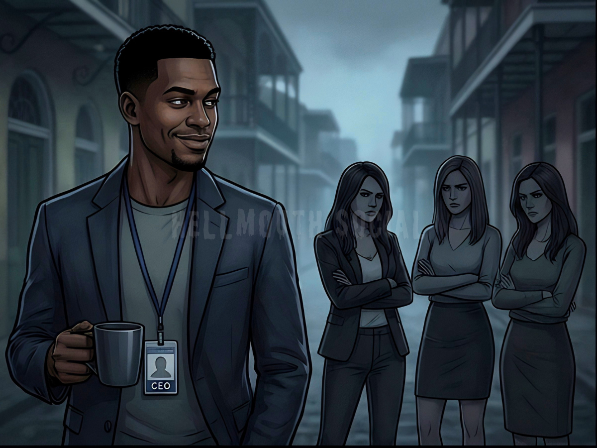 a 30-year-old African-American man (with very short black) wearing a "CEO of the French Quarter" lanyard, holding a coffee cup and looking smugly at a group of disgruntled modern women.