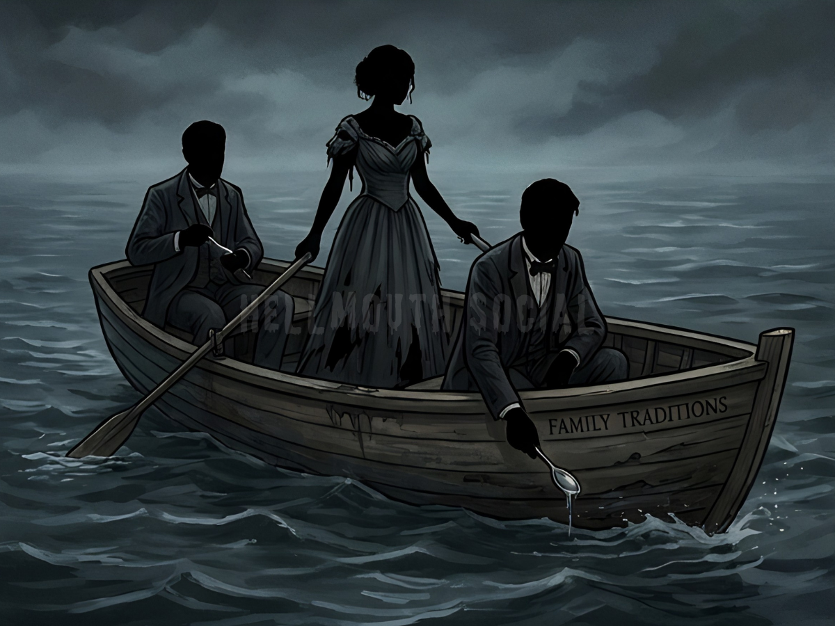 three elegantly dressed vampires standing in a sinking boat labeled "Family Traditions," while one of them tries to bail out water with a silver spoon.