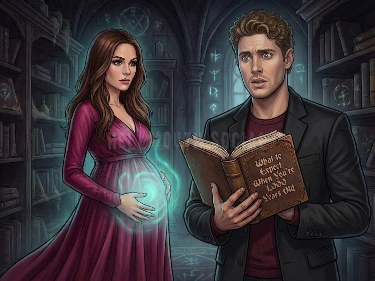 a 30-year-old brunette in a pink gown with a glowing pregnant belly next to a very confused, a modern 30-year-old man (with short coiffed blond hair) holding a "What to Expect When You’re 1,000 Years Old" book.