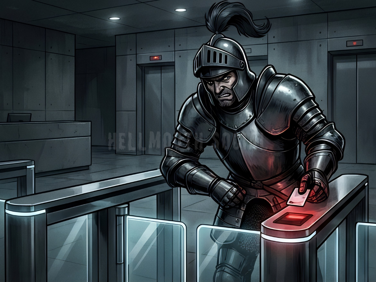 a medieval knight in full armor trying to scan a badge at a modern office turnstile, looking deeply annoyed.