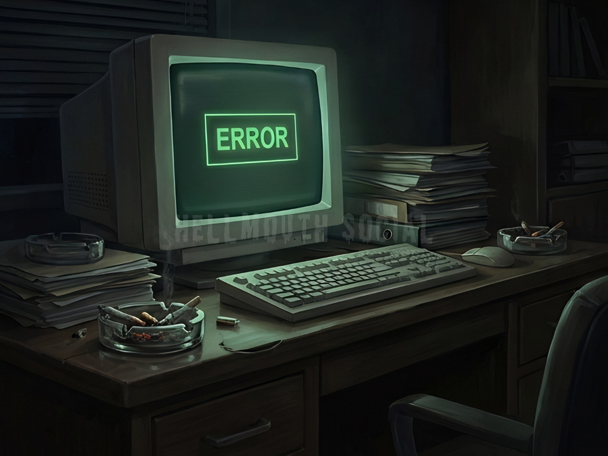 a messy 90s desk covered in overflowing ashtrays, paper files, and a very large, beige computer monitor that says "ERROR".