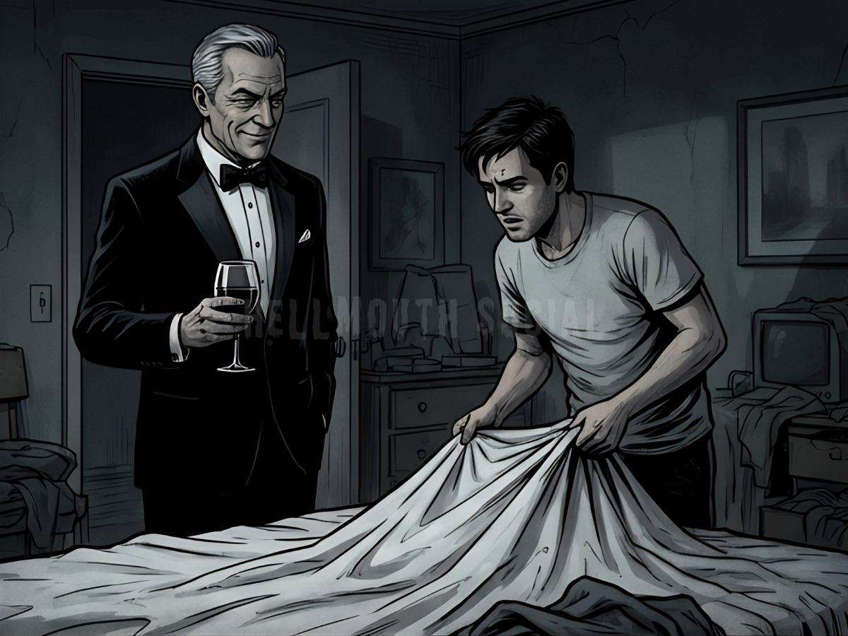 an older, sophisticated man in a tuxedo holding a glass of red liquid, pointing condescendingly at a younger man who is trying to fold a fitted sheet.