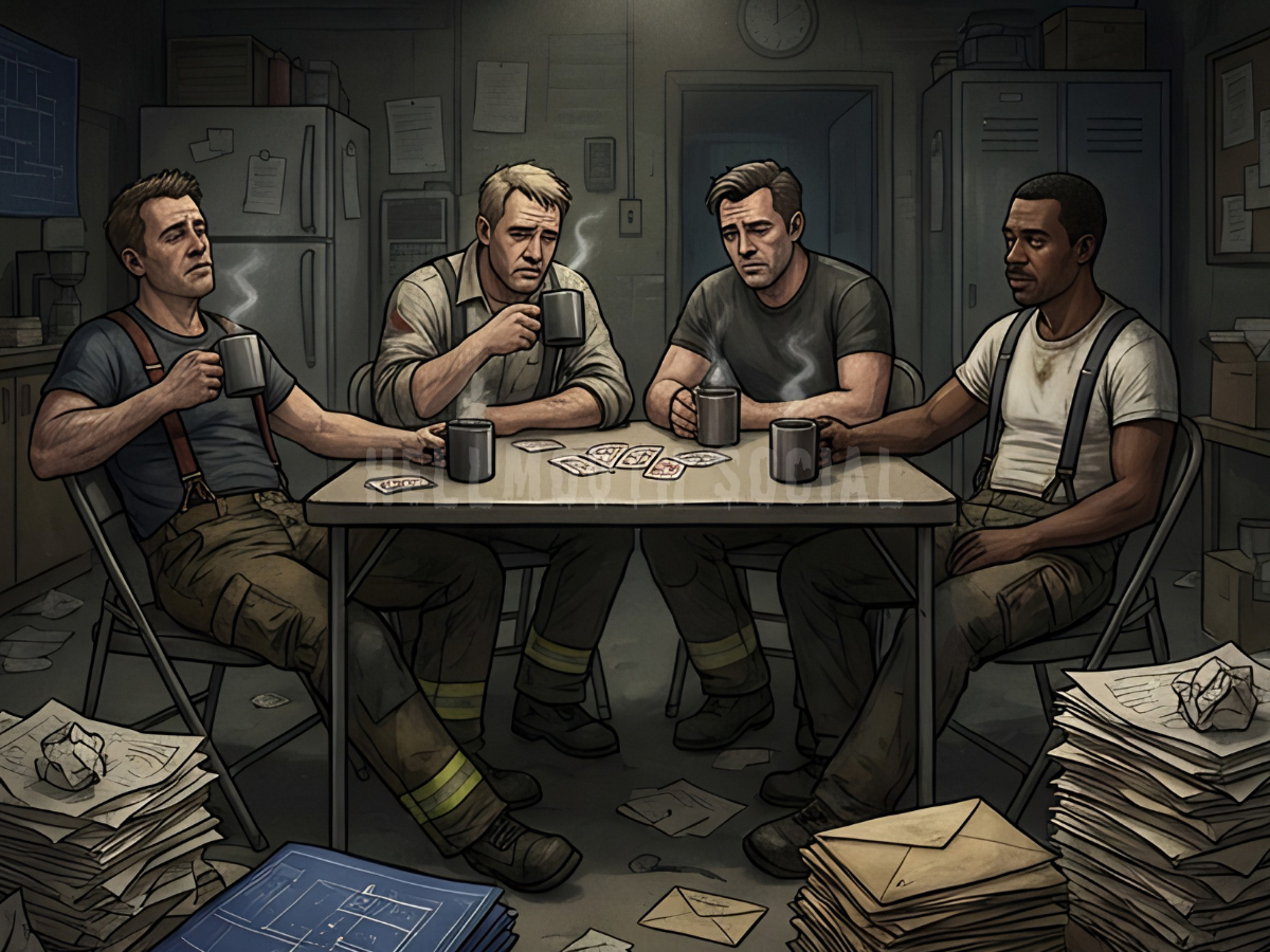 four men (three Caucasian and one African-American) sitting around a folding card table in a firehouse, looking exhausted while holding lukewarm coffee cup, surrounded by piles of unpaid invoices and technical blueprints.