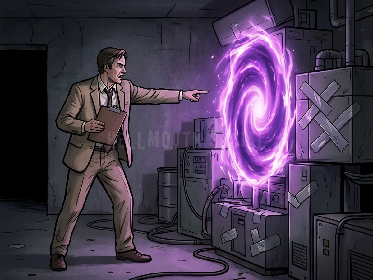 a man in a stiff, ill-fitting beige suit standing with his arms crossed, pointing a clipboard at a swirling, neon-purple vortex emanating from a piece of complex, duct-taped machinery.