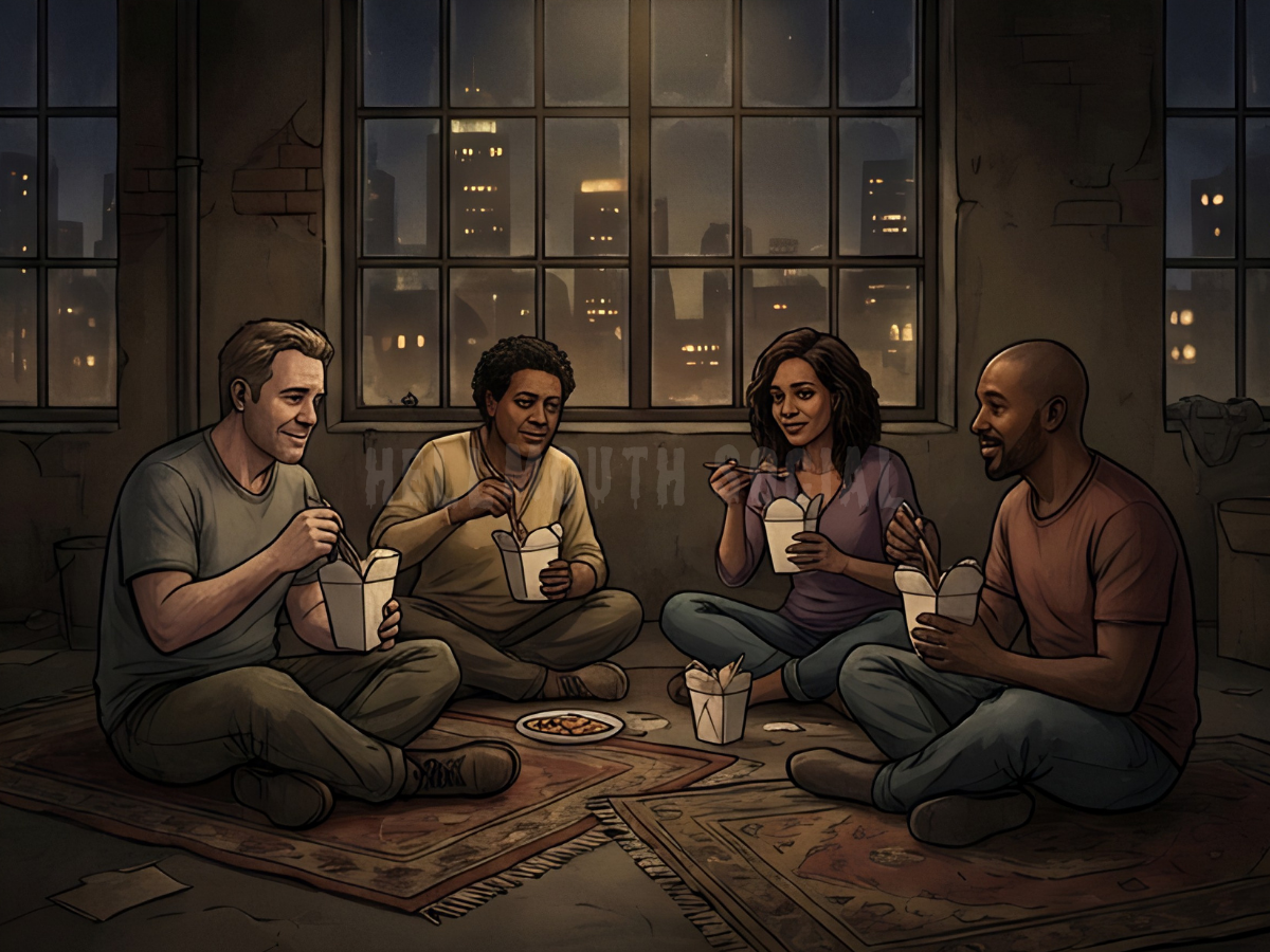 a group of four, diverse 45-year old friends sitting on the floor of a loft eating takeout, looking tired but content, with the city skyline glowing softly in the window behind them.