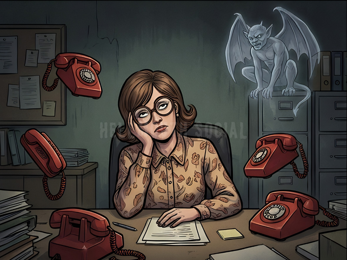 a secretary wearing 80s glasses and sitting at a desk surrounded by floating red telephones, looking unimpressed while a massive, translucent gargoyle-like figure perches on the furniture behind her.