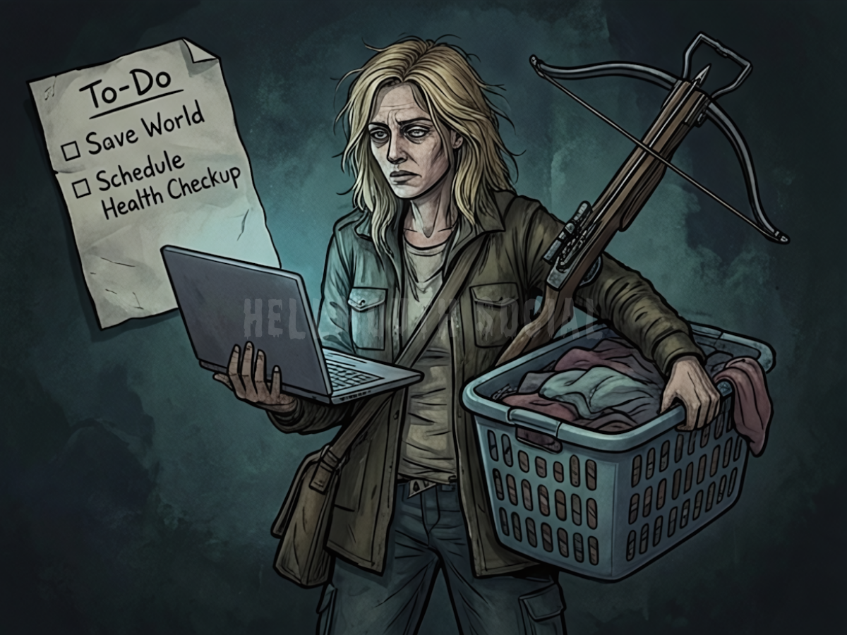 a tired blonde woman in her mid 40s trying to balance a laptop, a laundry basket, and a crossbow, looking at a "To-Do" list that includes 'Save World' and 'Schedule Health Checkup'.