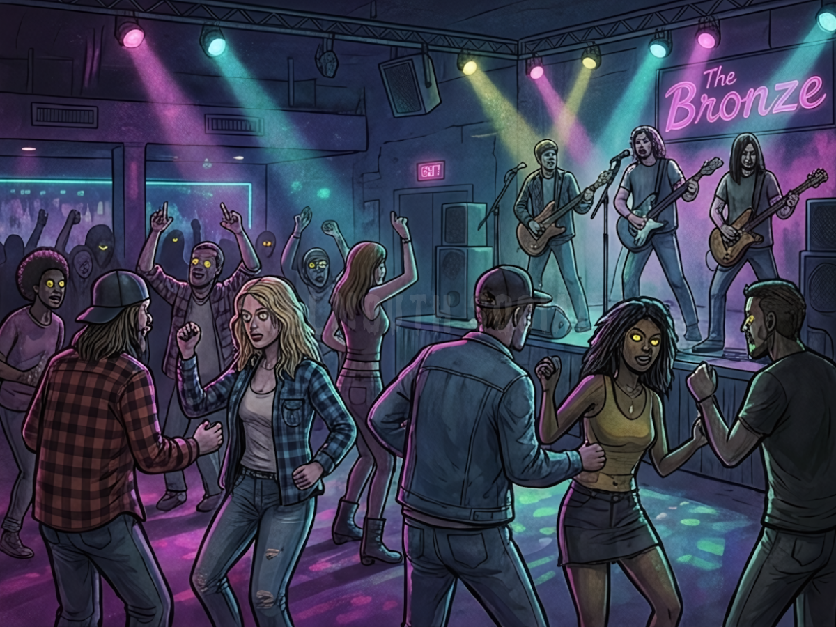 a neon-lit '90s nightclub called "The Bronze", where half the crowd is wearing flannel and the other half has glowing yellow eyes, all awkwardly dancing to a band with too many guitars.