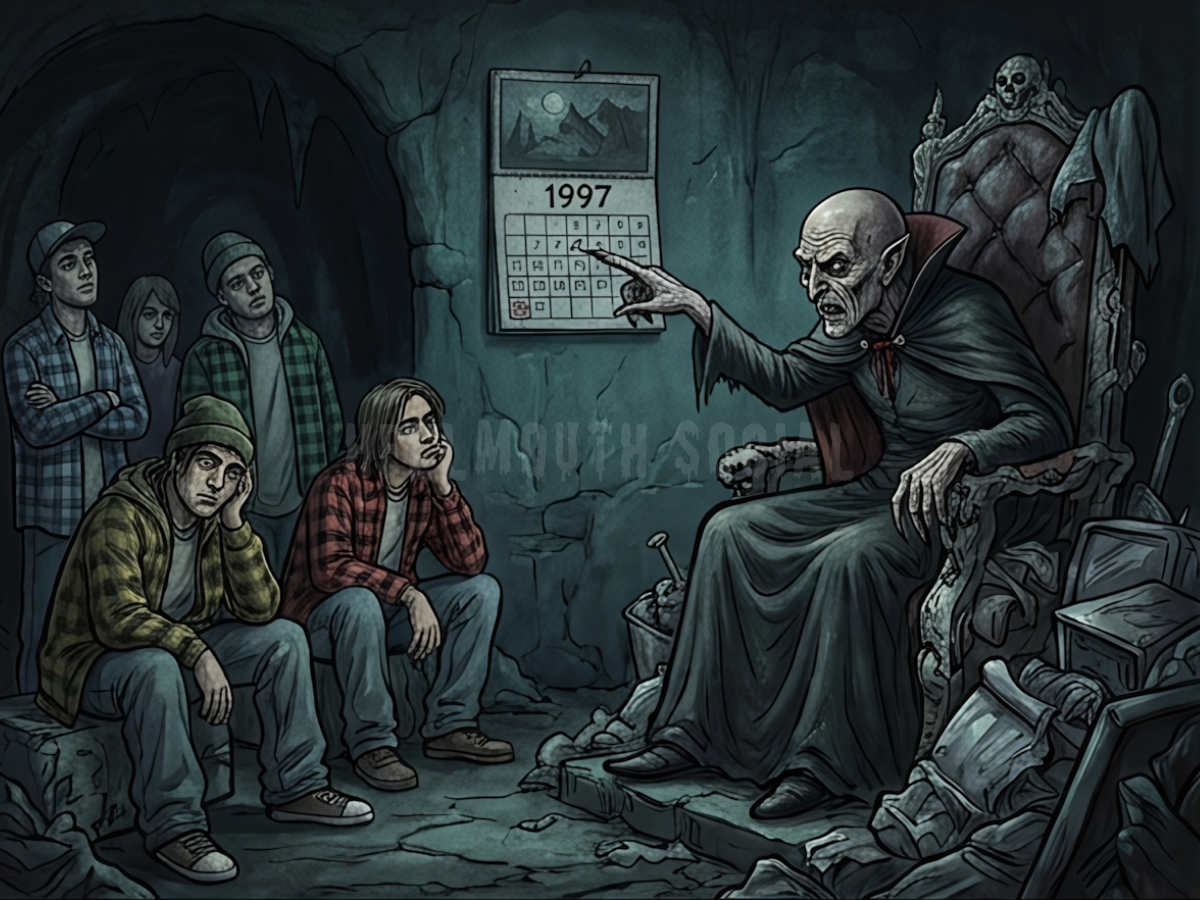 an ancient, wrinkly bald vampire sitting in a throne made of literal trash, lecturing a group of bored-looking Gen X minions while pointing at a ‘1997’  wall calendar.