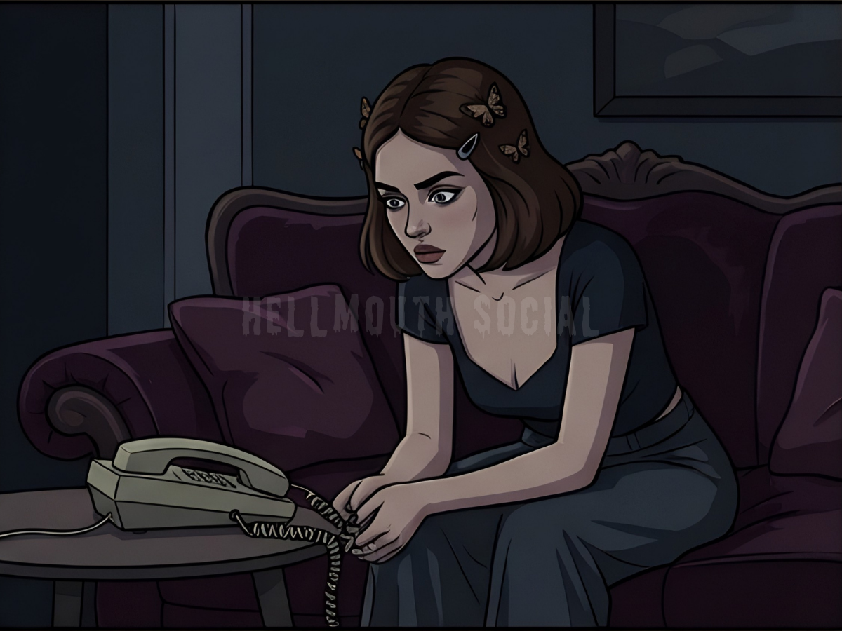 a brunette woman in a butterfly-clip hairstyle sitting on a velvet couch, staring intensely at a corded landline phone as if she could telepathically make it ring.