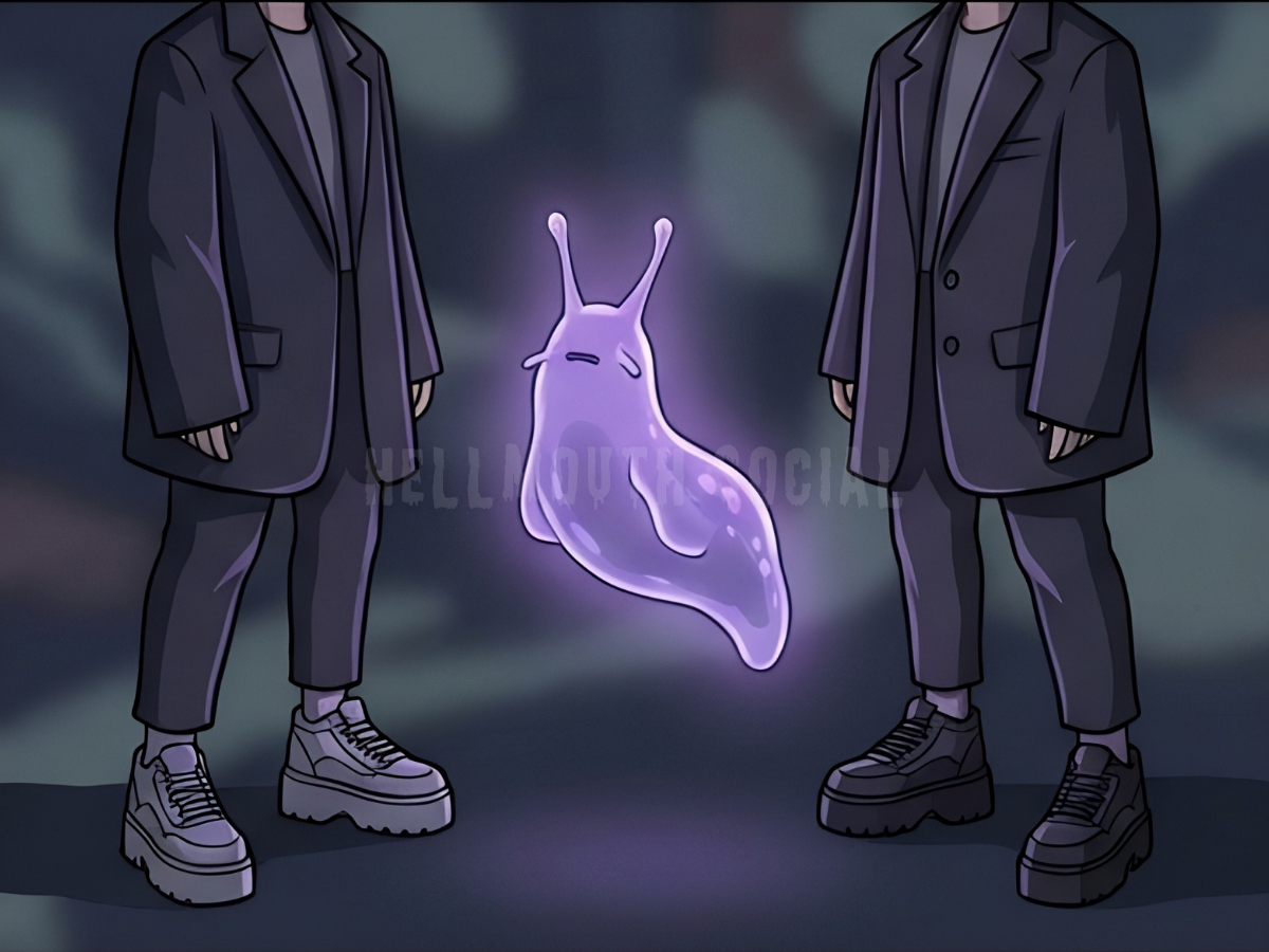 a glowing, ethereal slug-like creature trying to decide between two people wearing chunky platform sneakers and oversized blazers.