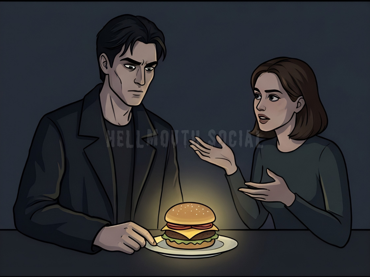 a tall, dark-haired man looking intensely at a cheeseburger he can’t eat, while a brunette woman next to him tries to explain what a "boundary" is.
