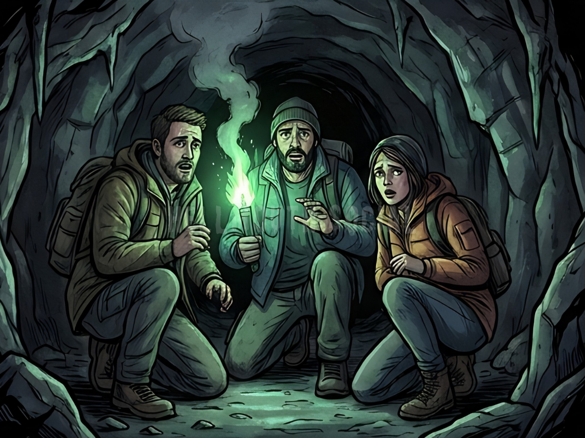 a group of 30-year-old campers (two men and one woman) huddled around a glowing green flare in a dark cave, looking terrified but united.
