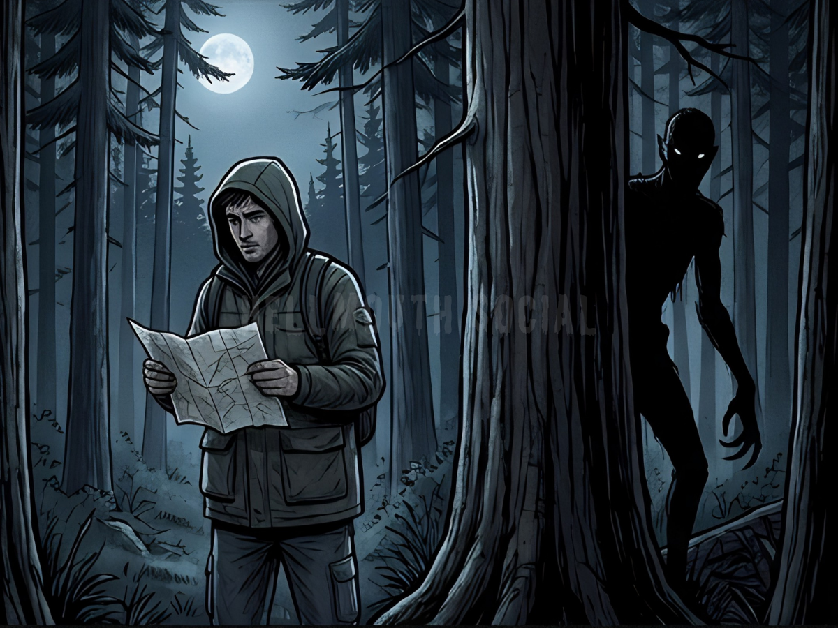 a male hiker (in his 20s) holding a paper map upside down while a shadowy, thin figure looms behind a pine tree.
