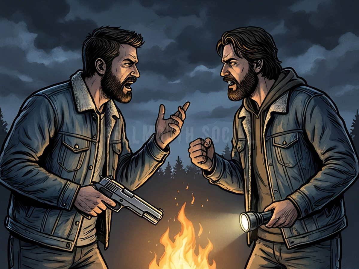 two 30-year-old men (one tall with mid-length brown hair, and the other wearing a dark leather jacket with short, brown hair) arguing over a campfire, one holding a heavy silver pistol and the other a flashlight, both wearing too many layers of denim.