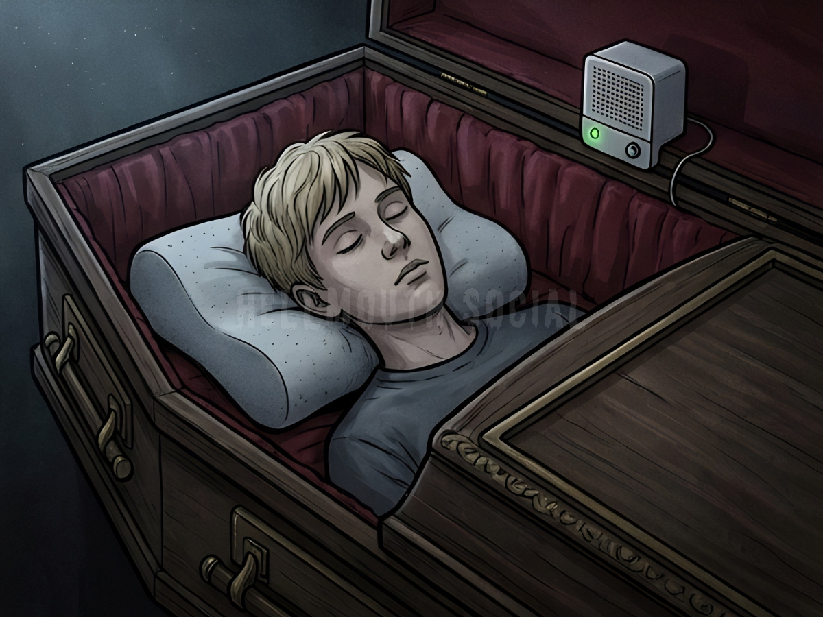 a blond-haired teenage vampire sleeping in a coffin, but the coffin has an ergonomic pillow and a white noise machine perched on the edge.