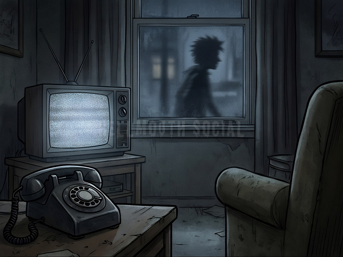 a dusty 1980s living room where a rotary phone sits next to a TV flickering with static, while a shadowy figure passes by the window outside.