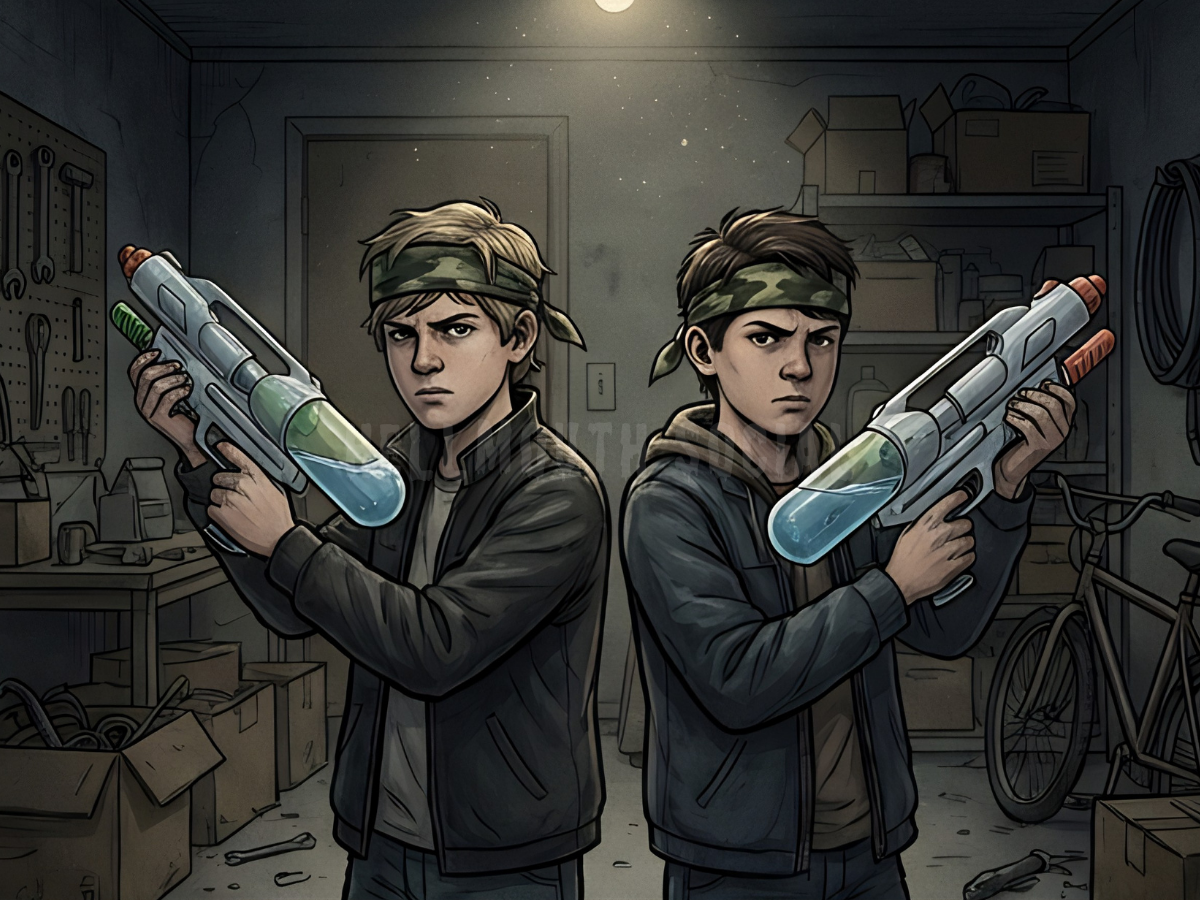 two 14-year-old boys wearing camouflage headbands, aggressively holding plastic water guns filled with "holy water" while standing in a messy garage.