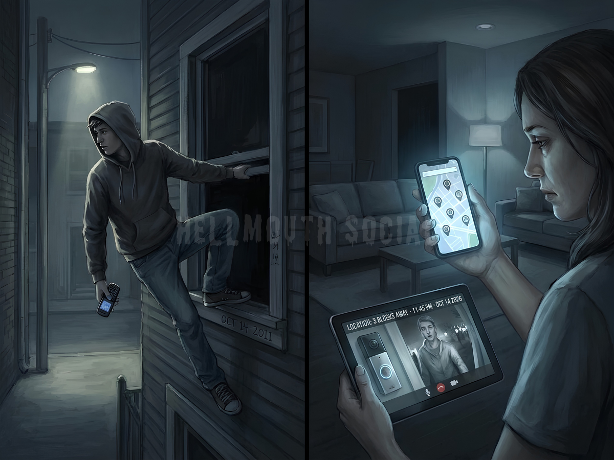 a contrast showing a 2011 teenager sneaking out of a window while a 2026 parent tracks their teenage son’s location on different GPS apps and a ring camera