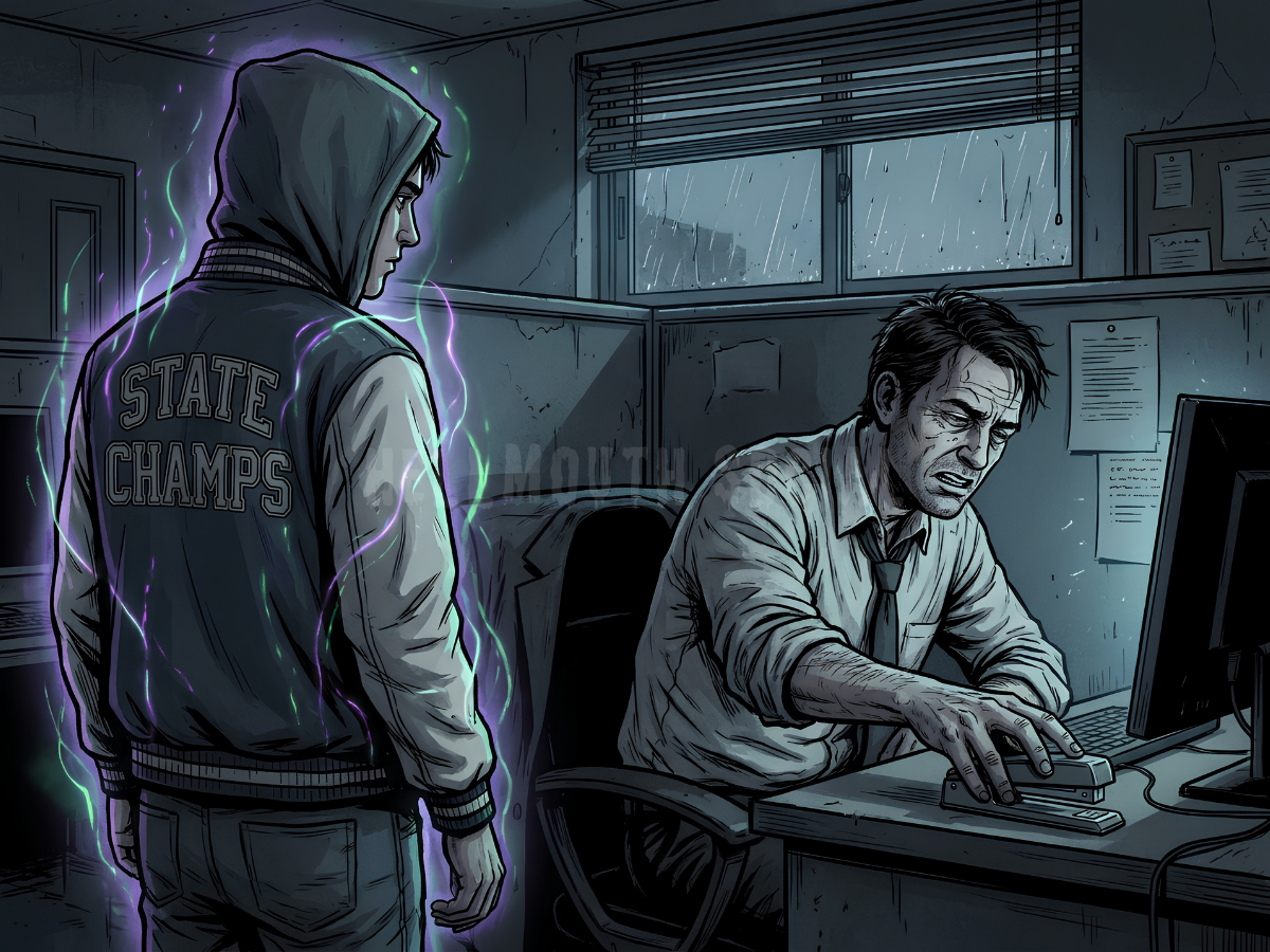 a high school male athlete glowing with supernatural energy next to a tired office worker trying to reach a stapler without pulling a muscle.