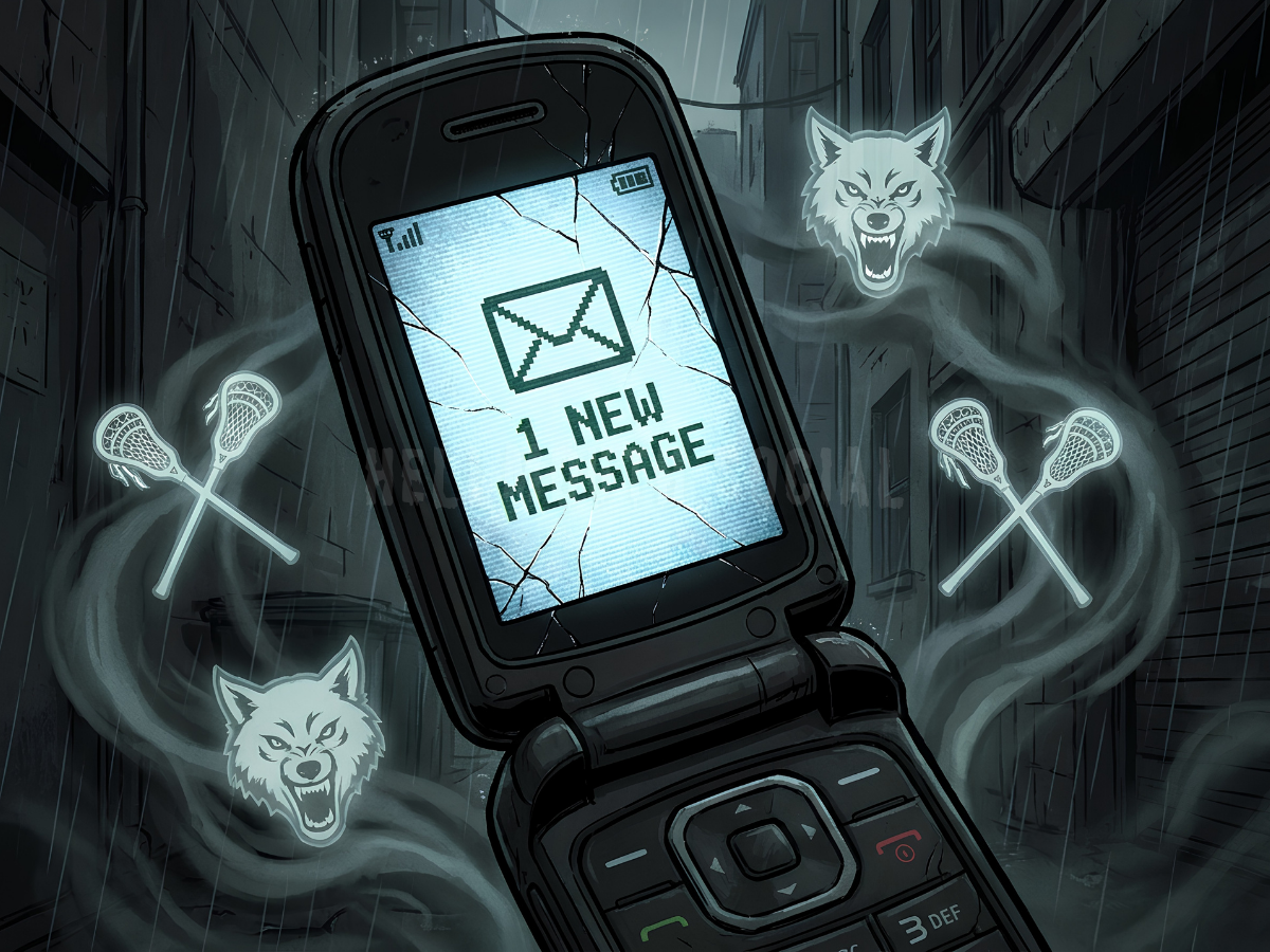 an old-school flip phone with a cracked screen displaying a "1 New Message" icon, surrounded by floating emojis of wolves and lacrosse sticks.