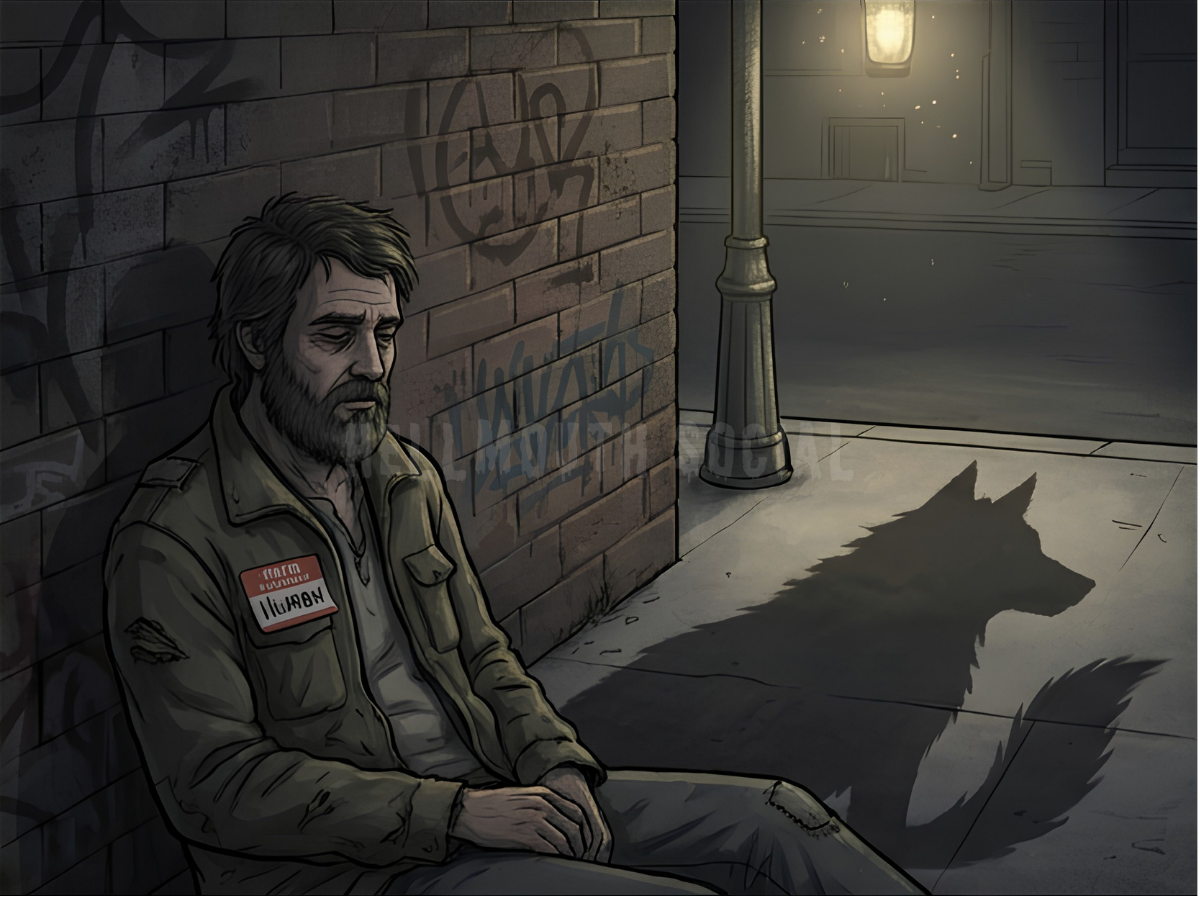 a tired 30-year-old man wearing a "Hello My Name Is Human" sticker while his shadow clearly has lupine ears and a tail. a tired 30-year-old man wearing a "Hello My Name Is Human" sticker while his shadow clearly has lupine ears and a tail.