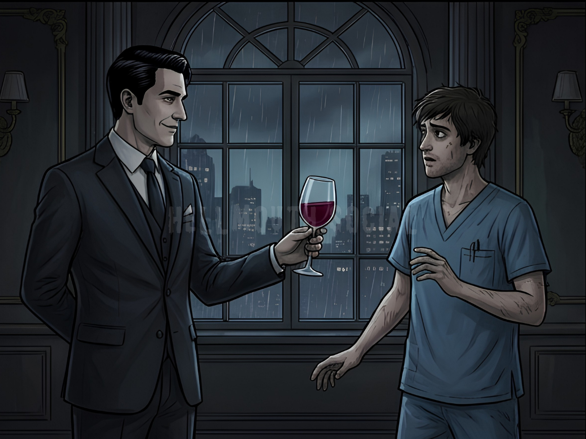a 30-year-old, stylish black-haired man in a suit offering a wine glass filled with a dark red liquid to a younger, reluctant man in hospital scrubs. a 30-year-old, stylish black-haired man in a suit offering a wine glass filled with a dark red liquid to a younger, reluctant man in hospital scrubs.