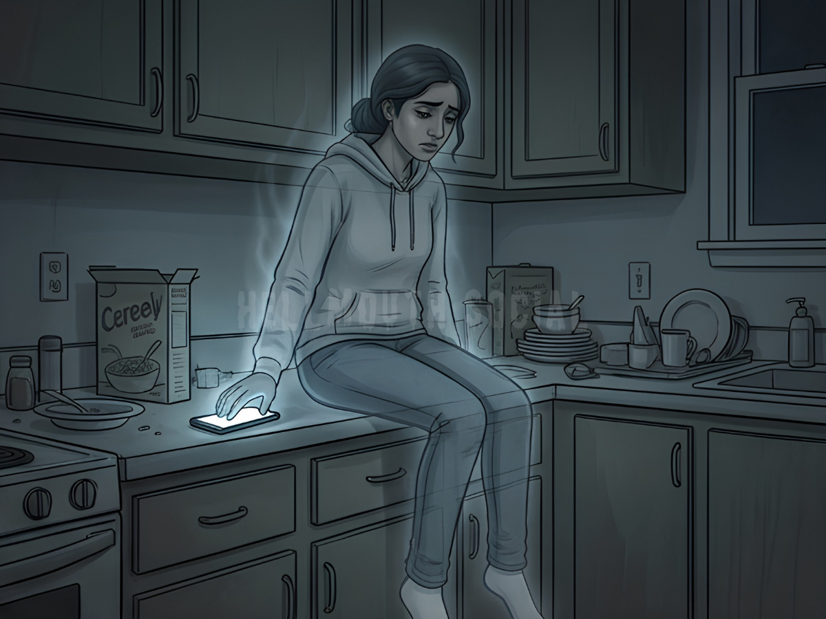 a translucent 30-year-old south-asian woman sitting on a kitchen counter, looking dejectedly at a smartphone that she can't touch. a translucent 30-year-old south-asian woman sitting on a kitchen counter, looking dejectedly at a smartphone that she can't touch.