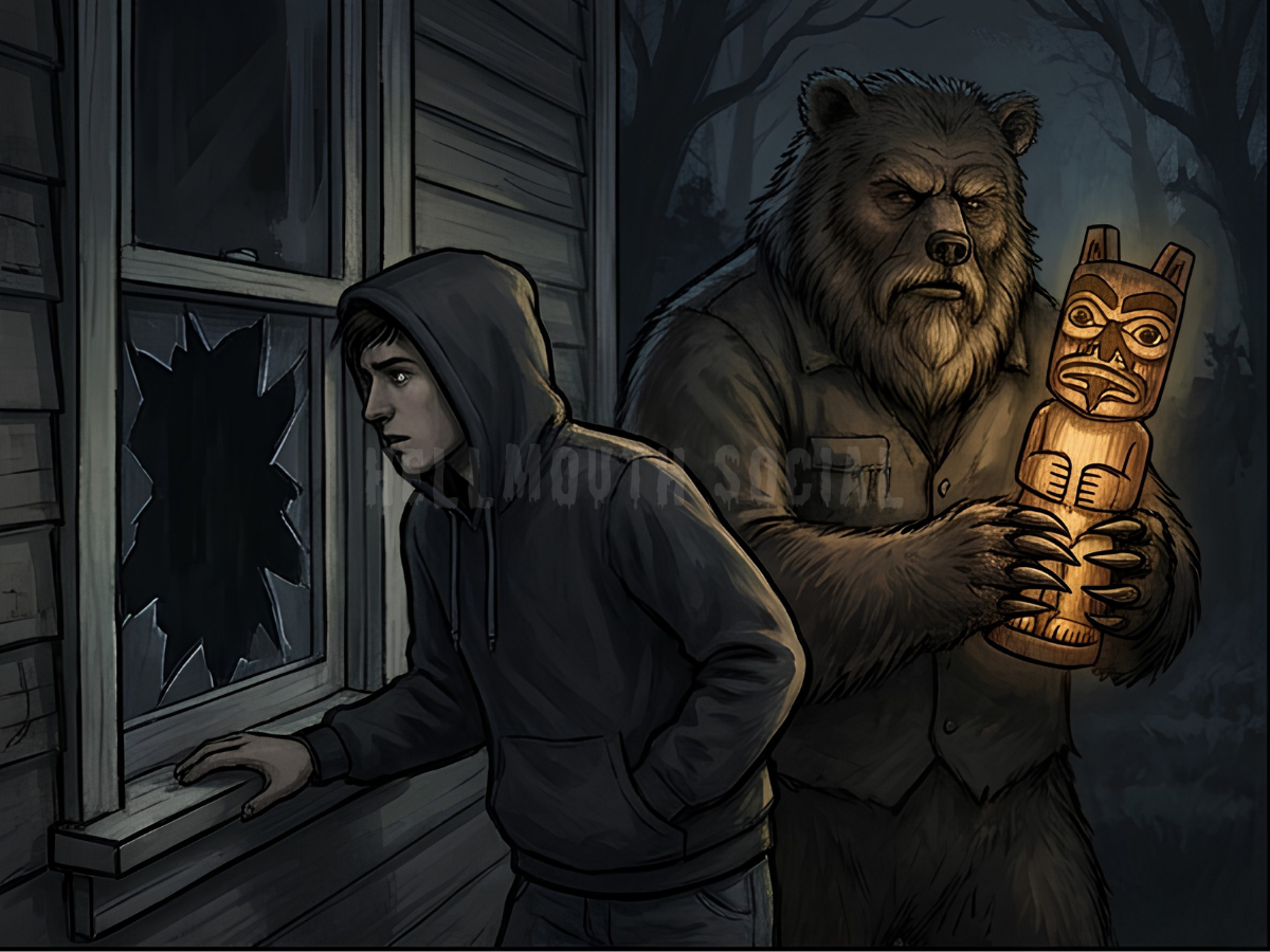 a young man (in his 20s) in a hoodie breaking into a house, while an older, muscular man with bear-like features looms behind him holding a traditional totem statue carved from wood.