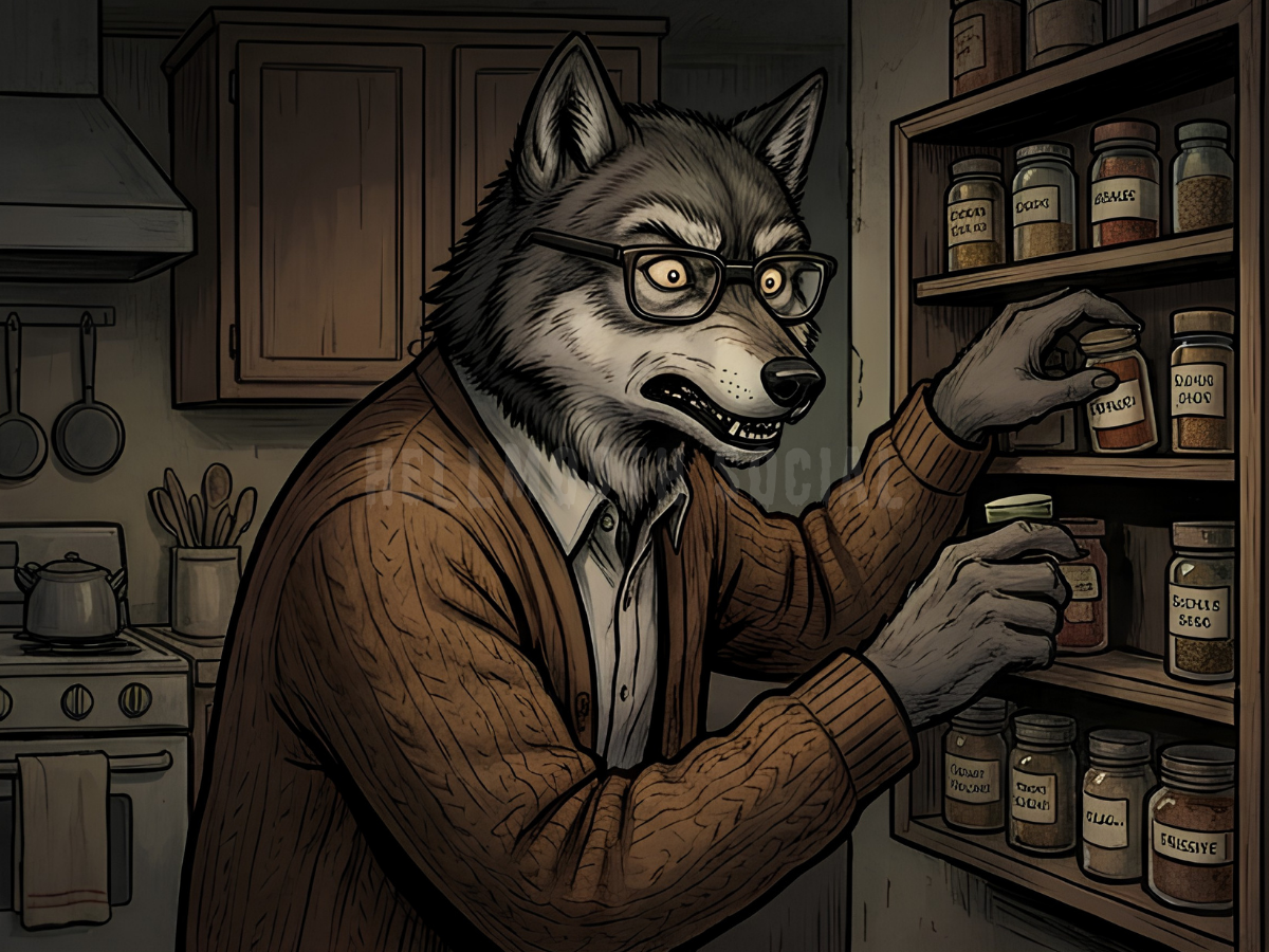 a wolf-man in a knitted cardigan, dress pants and glasses, meticulously organizing a spice rack while looking stressed out.
