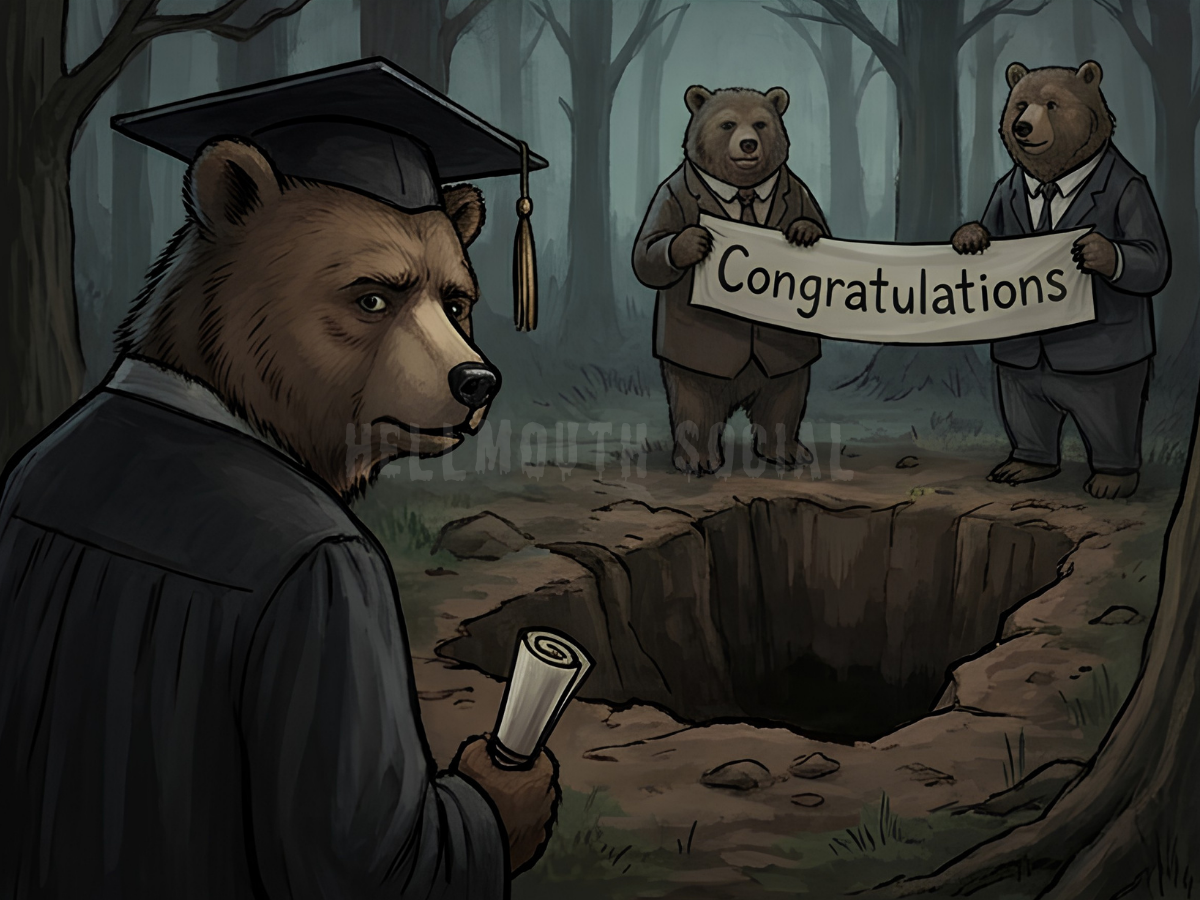 a teenage bear character wearing a graduation cap, looking suspiciously at a ceremonial pit in the ground while his formally dressed bear parents hold up a "Congratulations" banner.